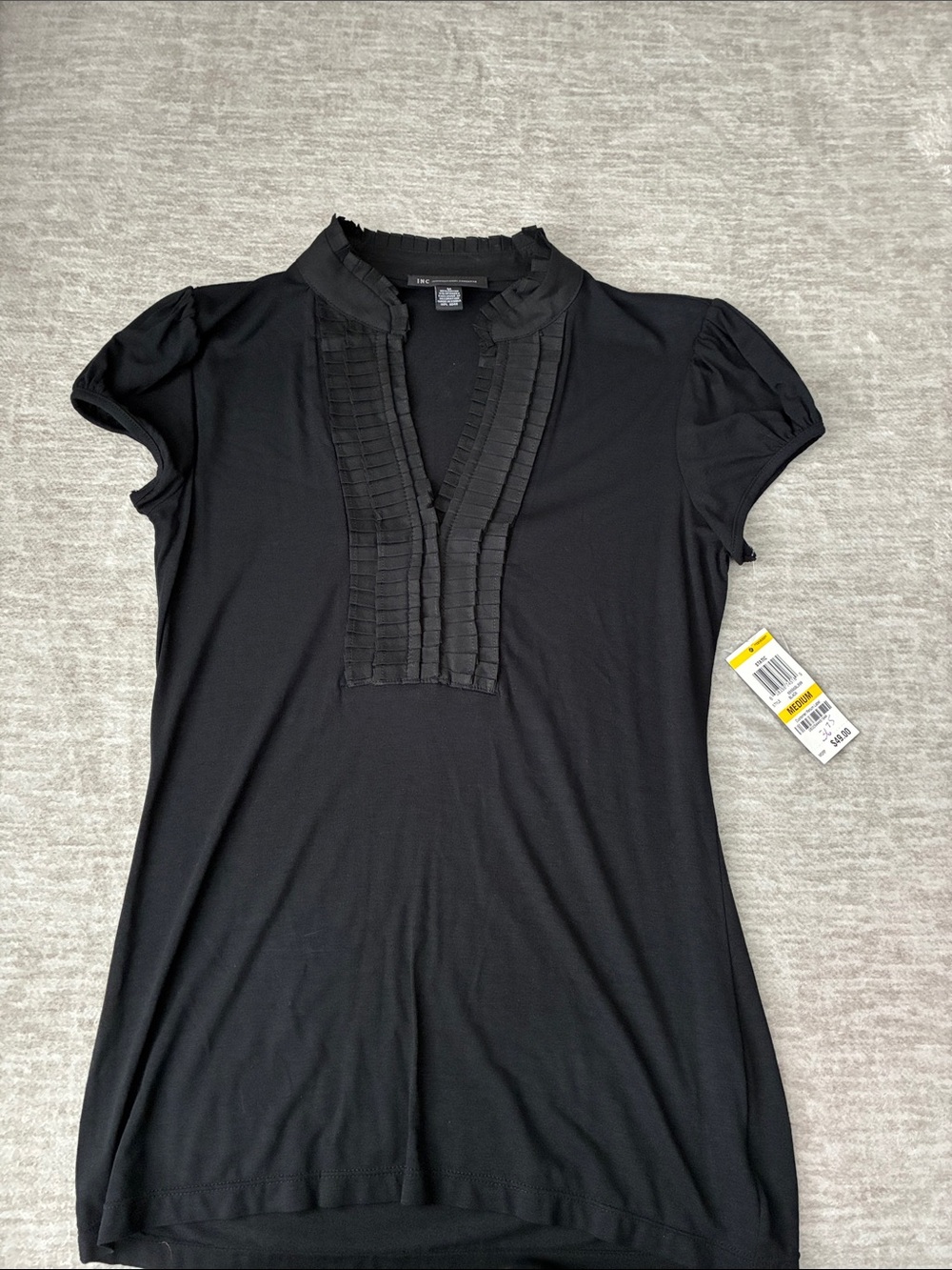 INC International Concepts Black Pleated Ruffle V-Neck Top